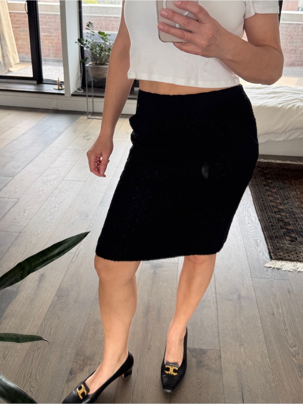 Chanel Tweed Mini Skirt, Black Textured Knit, CC Logo Plaque